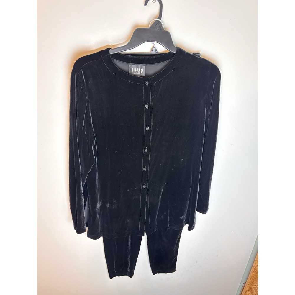 Eileen Fisher Silk Blend Velvet Long Sleeve Shirt Black With Pull On Pants